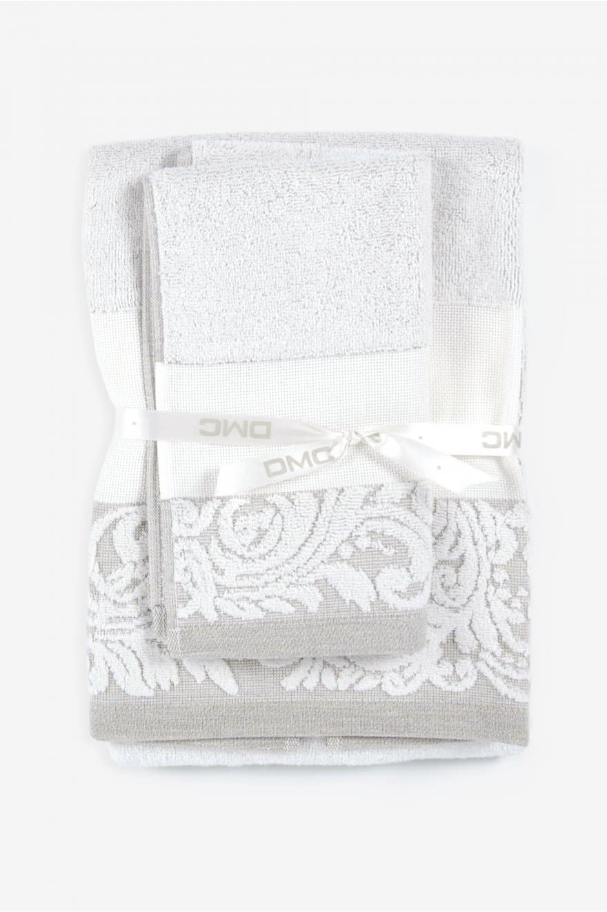 Juego de toallas gris con cuadritos y bordado - Sara de Benítez